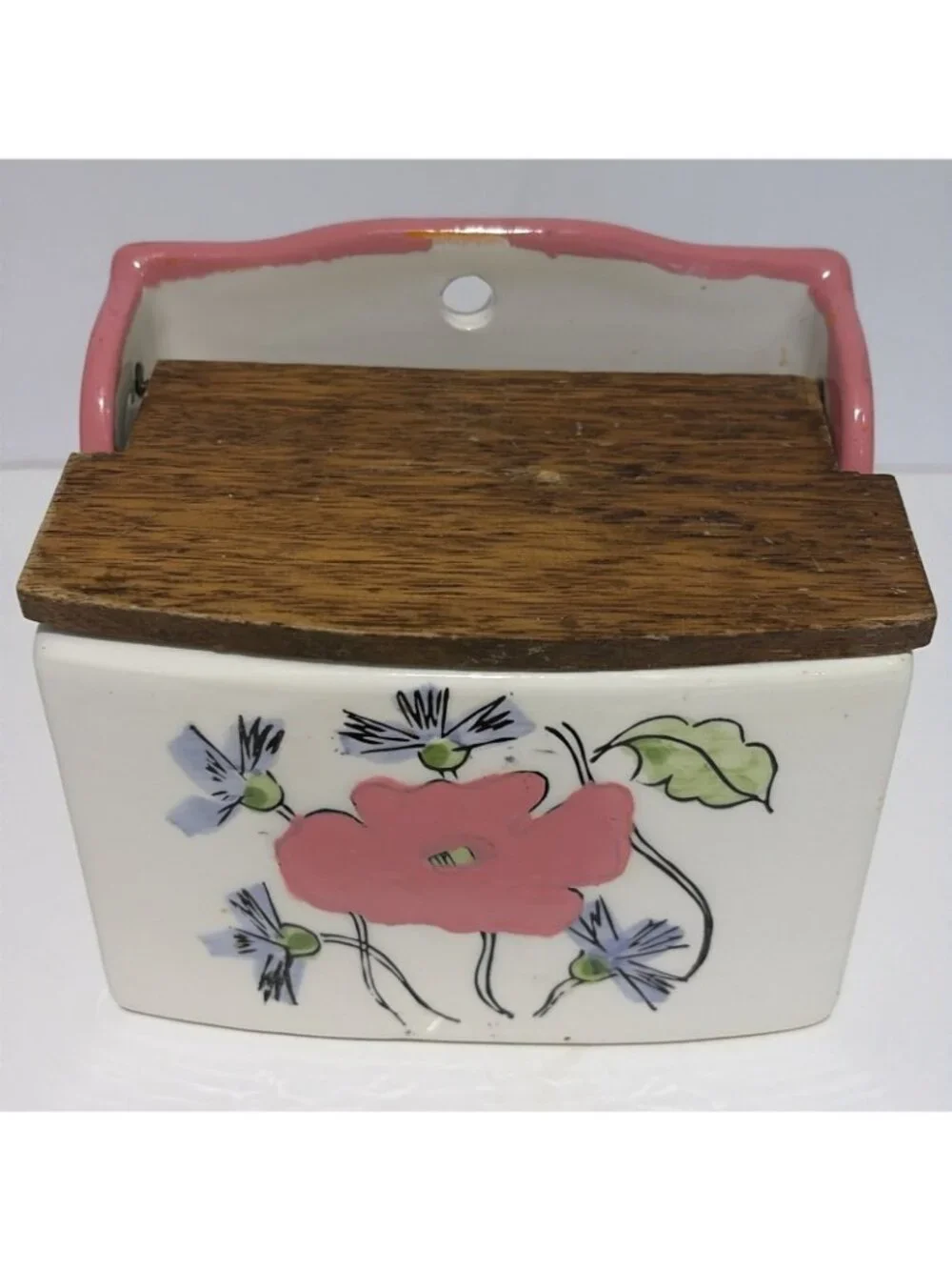 Vintage Floral Salt Cellar Box With Wooden Lid Ceramic Farmhouse Japan 4.5